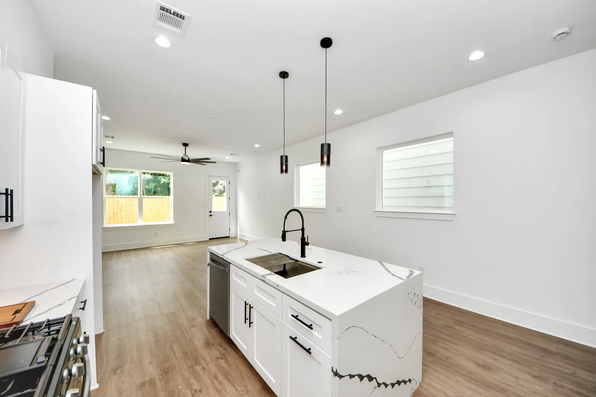 Finished kitchen and living area in a Broom Street home