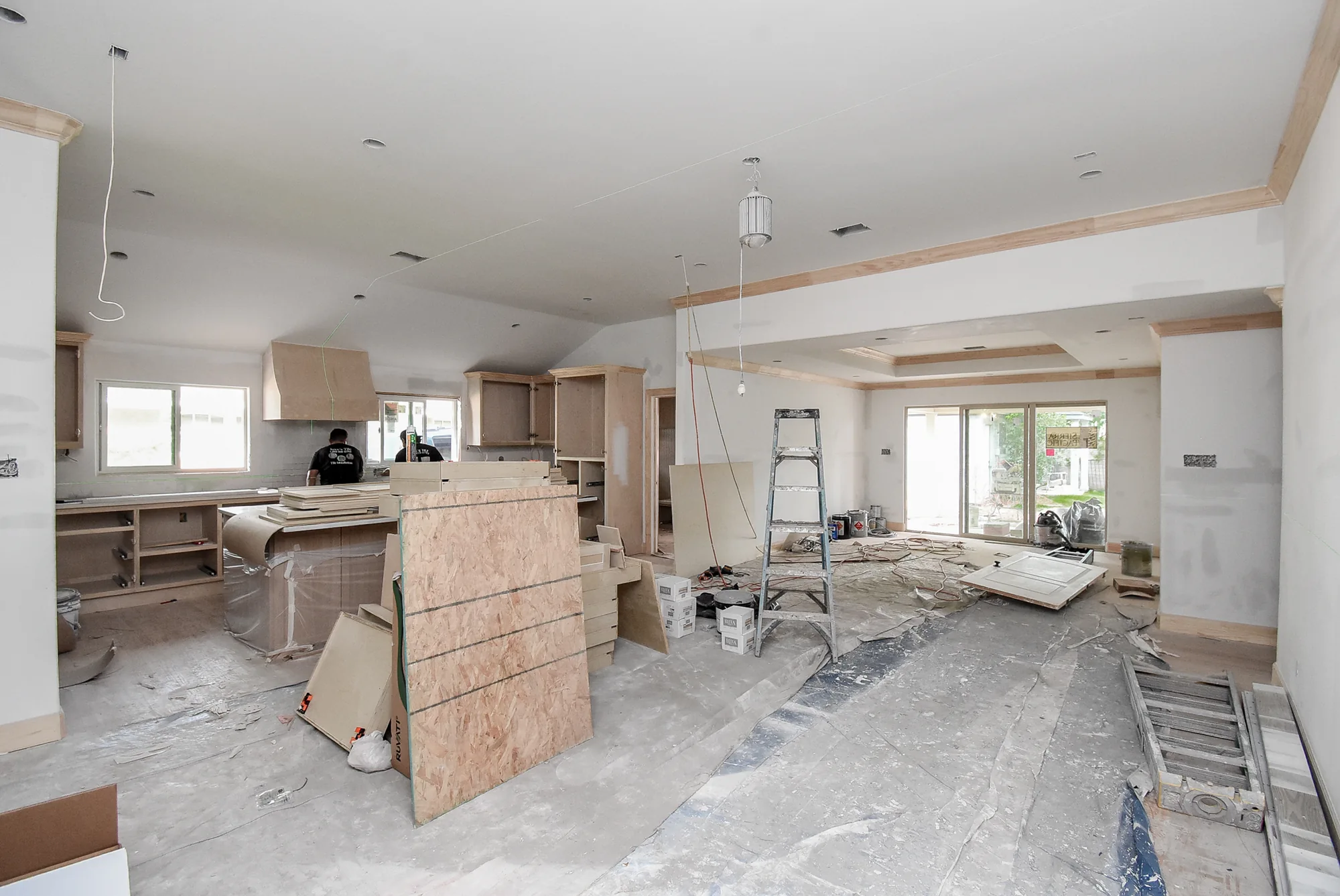 Kitchen and living spaces under construction at Grovewood
